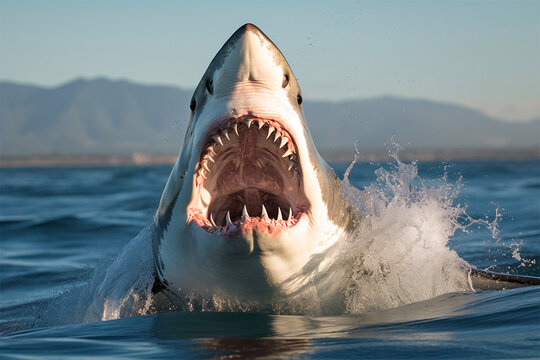 A shark opening his mouth in the sea, AI Generated