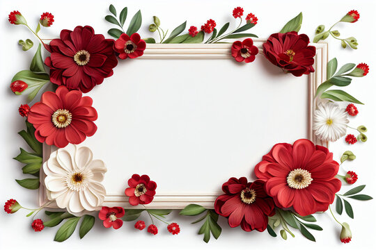 Beautiful floral frame with red flowers and leaves. illustration. generative ai