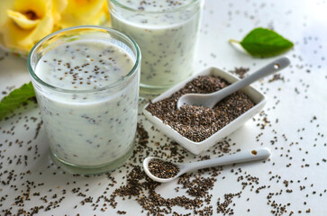 yogurt with chia seeds on a white background