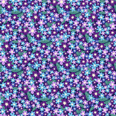 Fantasy seamless floral pattern with blue, azure, tsman, lavender flowers and leaves. Elegant template for fashion