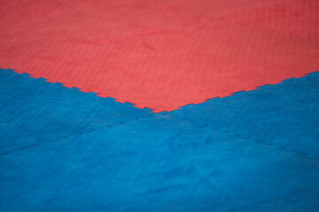 Part of the blue red coating in the gym for martial arts.