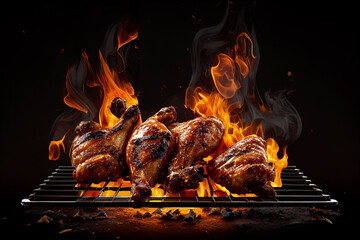 Grilled chicken wings on the grill with flames on a black background generative ai