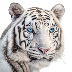 Plakat an isolated white tiger FACE, FRONT-view portrait, jungle-themed photorealistic illustration on a transparent background cutout in PNG, GENERATIVE AI