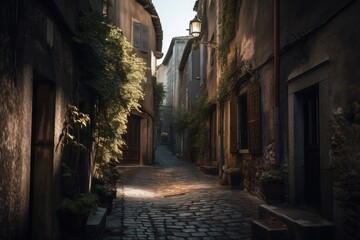 Fototapeta na wymiar a narrow cobblestone street in a european city at night with the sun shining on the buildings and the cobblestones on both sides. generative ai