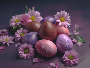 Obraz na płótnie Canvas Easter eggs and springtime flowers over purple background. Spring holidays concept with copy space.