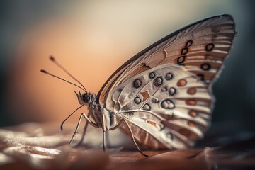 Naklejka na ściany i meble a close up of a butterfly on a surface with a blurry back ground in the background and a blurry back ground in the foreground. generative ai