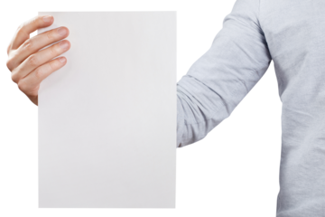 Hand holding blank A4 paper sheet, cut out