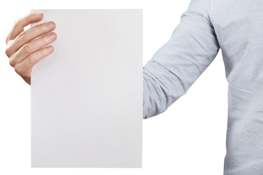 Hand holding blank A4 paper sheet, cut out - Powered by Adobe