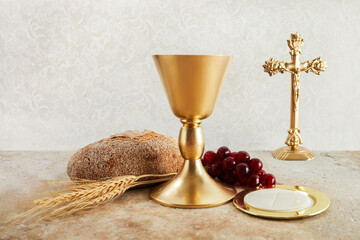 Easter Communion Still life with chalice of wine and bread