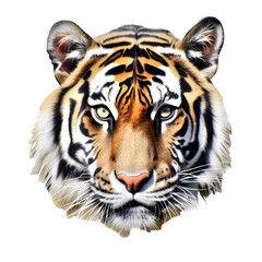 Obraz premium an isolated Bengal tiger side view portrait, majestic face, stalking prey, fierce jungle-themed watercolor painting illustration on a transparent background in PNG. Generative AI
