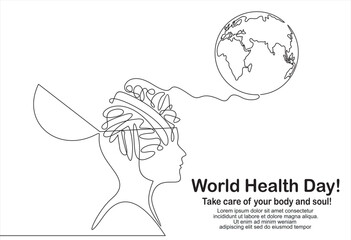 Peace brain concept. Continuous one line drawing of human head with globe inside. World health day.Single continuous line