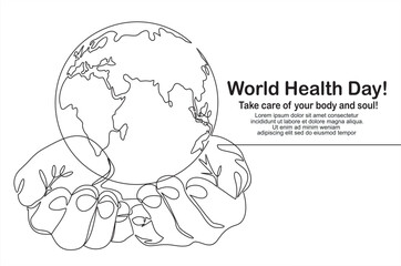World health day.Single continuous line of hands holding the globe. Earth globe in human hands.