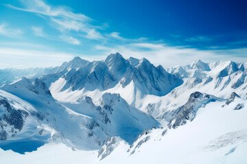 Fototapeta na wymiar Snowy mountains landscape, snow on mount peaks, blue sky, generative ai