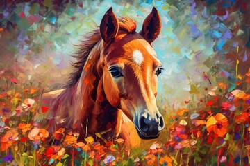  a painting of a brown horse in a field of wildflowers with a blue sky in the background and colorful flowers in the foreground.  generative ai