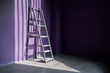  a ladder leaning against a purple wall in a room with a purple wall and a purple wall behind it and a purple curtain behind it.  generative ai