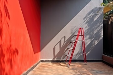  a red ladder leaning against a red wall next to a red wall with a shadow of a tree on the side of the wall and a red wall.  generative ai