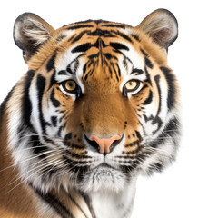 an isolated Bengal tiger portrait, face, stalking prey, fierce jungle-themed photorealistic illustration on a transparent background in PNG. Generative AI