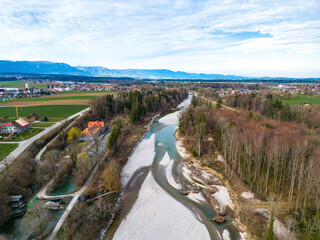 Fluss Emme mit Revitalisierung Ämmeschache-Urtenesumpf Gemeinde Utzenstorf & Bätterkinden Bern Schweiz	
