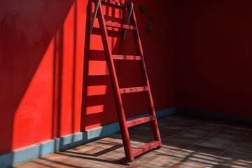  a red ladder leaning against a red wall in a room with tile flooring and a red wall with a red wall and a red wall.  generative ai