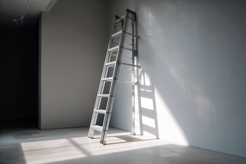  a ladder leaning against a white wall in a room with sunlight coming through the window and a light coming in through the window onto the floor.  generative ai