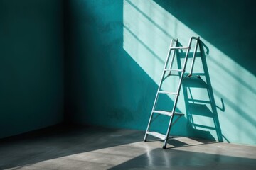  a ladder leaning against a green wall in a room with a light coming through the window and casting a shadow on the floor below it.  generative ai