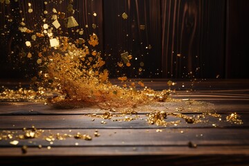  a pile of gold flakes on a wooden floor next to a wooden wall with a wooden floor and a wooden wall in the background.  generative ai