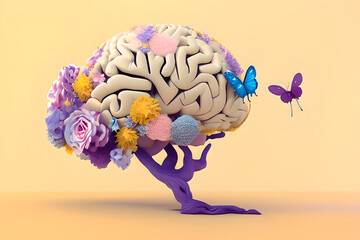 Human brain tree with flowers and butterflies, eco-friendly, positive thinking, creative mind, generative AI