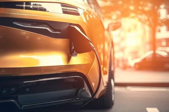  a close up of a yellow car on a city street with a blurry image of the rear end of the car in the background.  generative ai