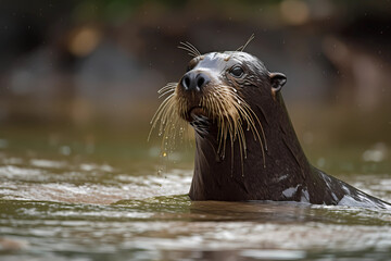 Giant Otter - South America - The largest otter species, known for their webbed feet, dense fur, and social behavior. They are listed as endangered due to habitat loss and hunting (Generative AI)