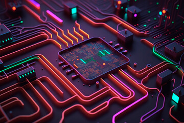 An abstract circuit cyberspace rendering background, in neon colors, generative ai