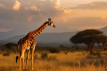Giraffe - Africa - A tall, herbivorous mammal known for its long neck and distinctive coat pattern. They are threatened by habitat loss and hunting (Generative AI)