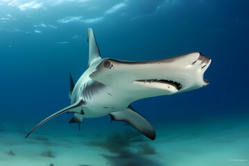 Hammerhead shark - Global distribution - Sharks with a unique, hammer-shaped head that allows them to see in all directions. They feed on a variety of prey, including fish and squid (Generative AI)