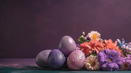 Easter eggs and springtime flowers over purple background. Spring holidays concept with copy space.