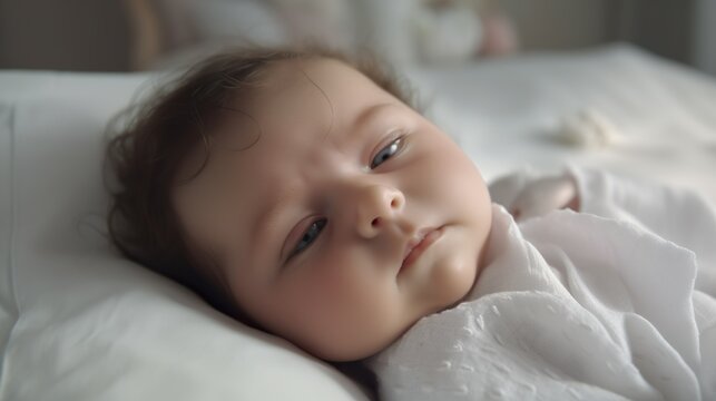Cute baby with black hair portrait in bed with white duvet cover Generative AI