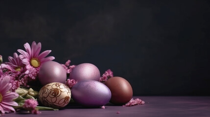 Fototapeta na wymiar Easter eggs and springtime flowers over purple background. Spring holidays concept with copy space.