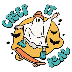 Ghost on skateboard Creep it real Happy Halloween shirt print template, Pumpkin Fall  Halloween Costume shirt design