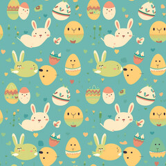 Happy Easter Seamless Patern, Eggs, Rabbit Pattern Illustration