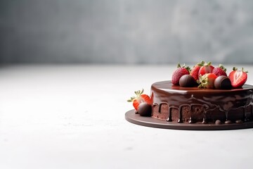 Chocolate cake decorated with strawberries on a white table on a gray background. Generative AI