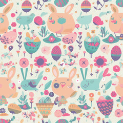 Happy Easter Seamless Patern, Eggs, Rabbit Pattern Illustration