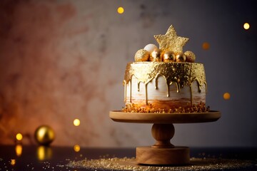 Luxurious white golden birthday cake decorated with gold elements. Generative AI	