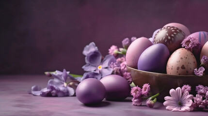 Obraz premium Easter eggs and springtime flowers over purple background. Spring holidays concept with copy space.