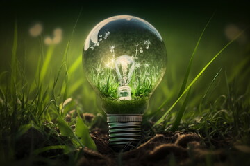 Green energy concept. Electric light bulb in grass. Ai generative