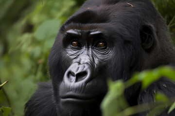 Obraz premium Mountain Gorilla - Central Africa - One of the two subspecies of eastern gorilla, known for their thick fur and gentle demeanor. They are critically endangered due to habitat loss (Generative AI)