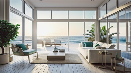 Fototapeta na wymiar generative ai illustration of a modern living room with view to the beach on a sunny day