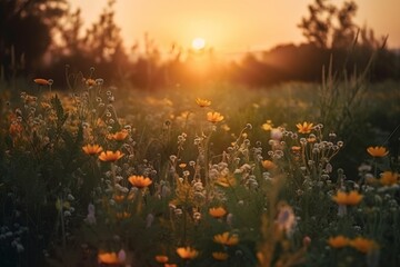  a field full of yellow flowers with the sun setting in the distance behind it and trees in the background with a few clouds in the sky.  generative ai