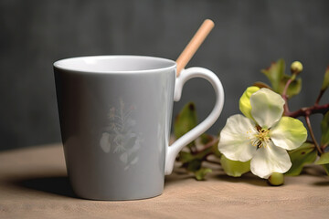  a mug with a stick in it sitting next to a branch of a flower and a flower pot with a flower in it on a table.  generative ai