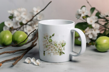  a white coffee mug sitting on top of a table next to green apples and branches with white flowers on it and a branch with leaves.  generative ai