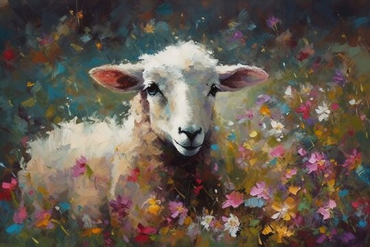  a painting of a sheep standing in a field of wildflowers with a black back ground and a white face and a black nose.  generative ai