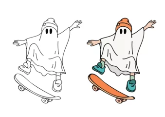 Foto op Plexiglas Set of ghost character on skateboard vector halloween © our_Vector