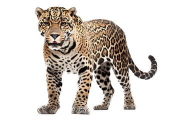 an isolated jaguar front-view, whole body, stalking prey, horizontal, fierce jungle-themed photorealistic illustration on a transparent background in PNG. Panthera onca. Generative AI - obrazy, fototapety, plakaty